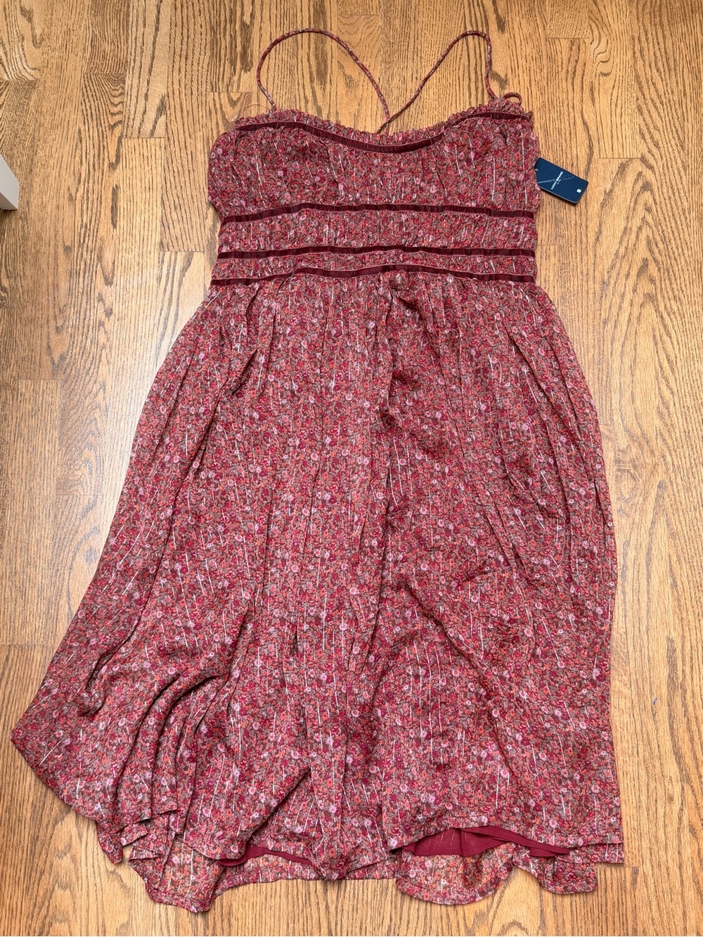 Lucky Brand Burgundy Floral Velvet-Trim Lace Up Chiffon Midi Dress XL